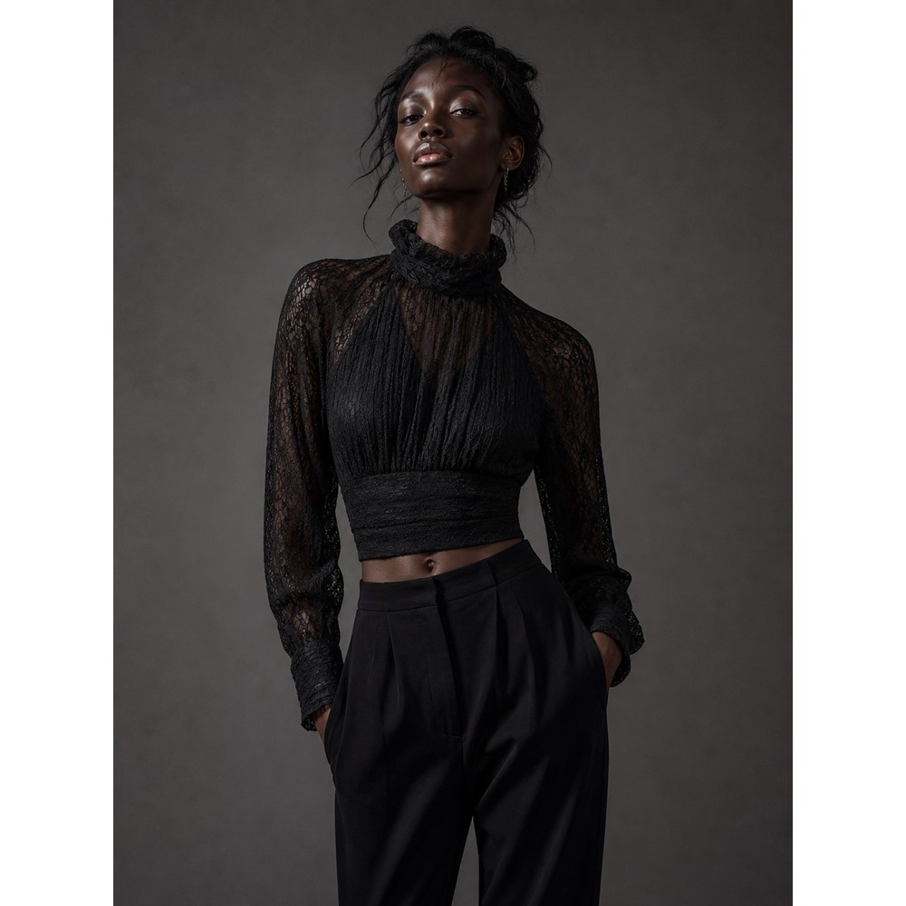 Zara Black Lace Crop Top High Neck Tie Sheer Long Sleeve Blouse Women's M